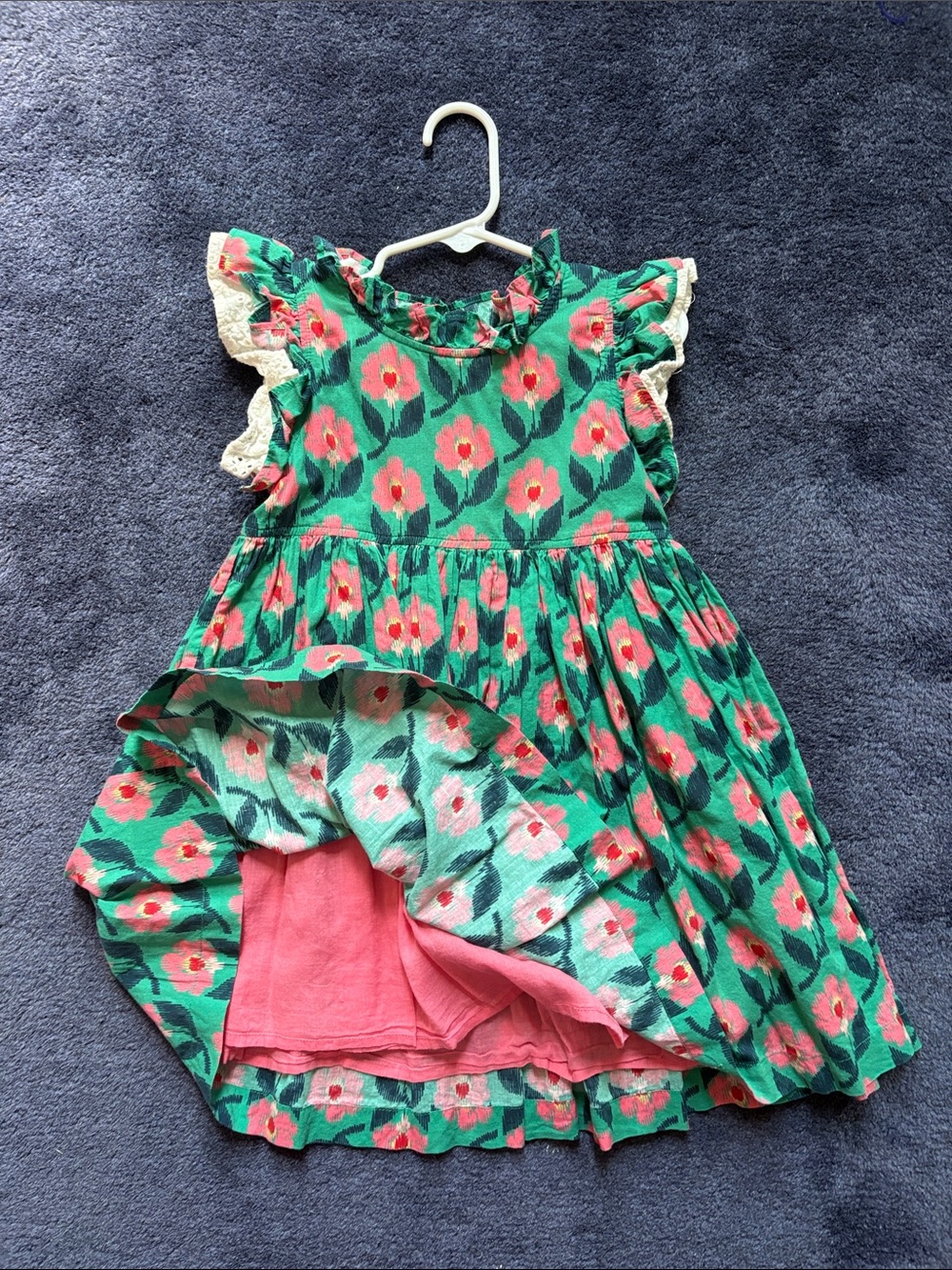 Green Floral Ruffle Sleeve Pink Chicken Dress